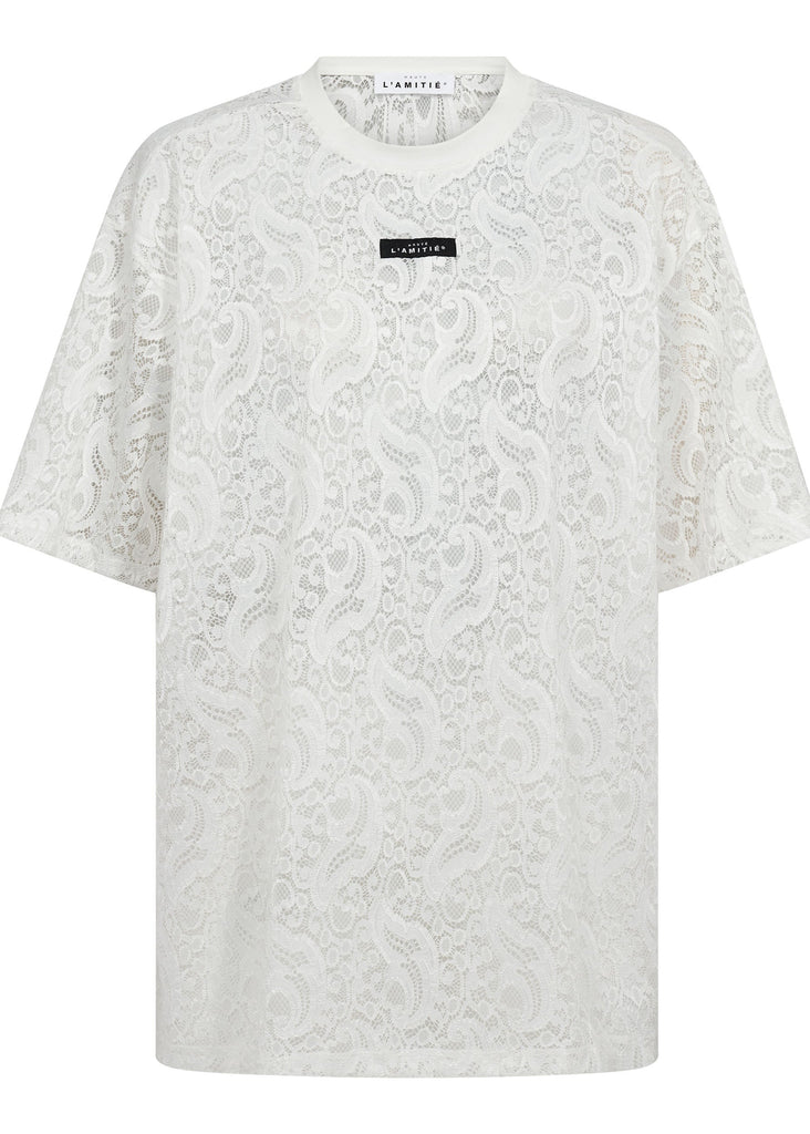 White lace t-shirt with a brand logo on a white background