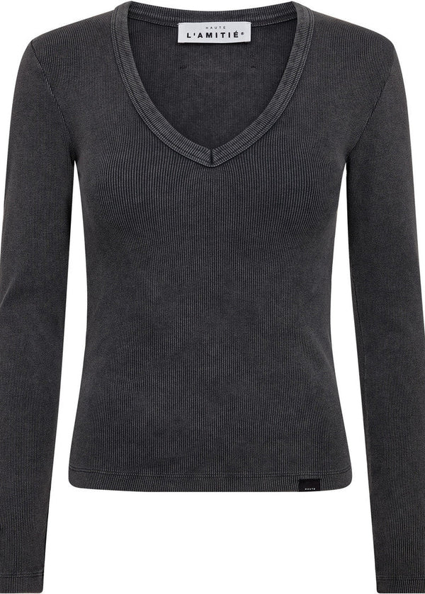 A dark grey ribbed knit long-sleeve V-neck top by L'Amitie, shown flat against a solid white background.