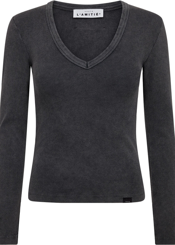 A dark grey ribbed knit long-sleeve V-neck top by L'Amitie, shown flat against a solid white background.