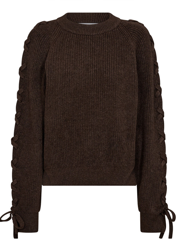 A dark brown ribbed knit sweater with unique braided lace-up detailing down the sleeves and at the cuffs, shown against a plain white background.