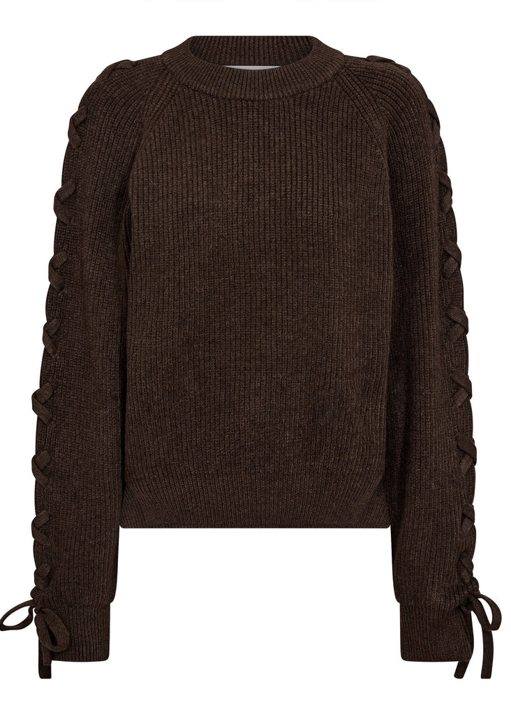 A dark brown ribbed knit sweater with unique braided lace-up detailing down the sleeves and at the cuffs, shown against a plain white background.