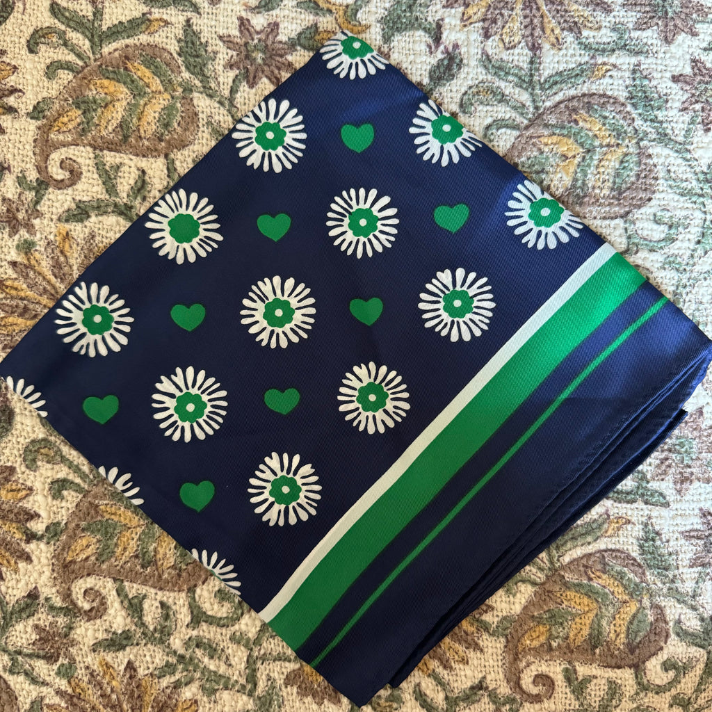 Vintage Navy & Green Heart Print Square Scarf