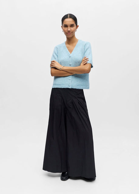 Woman wearing a light blue cardigan and black pants on a white background