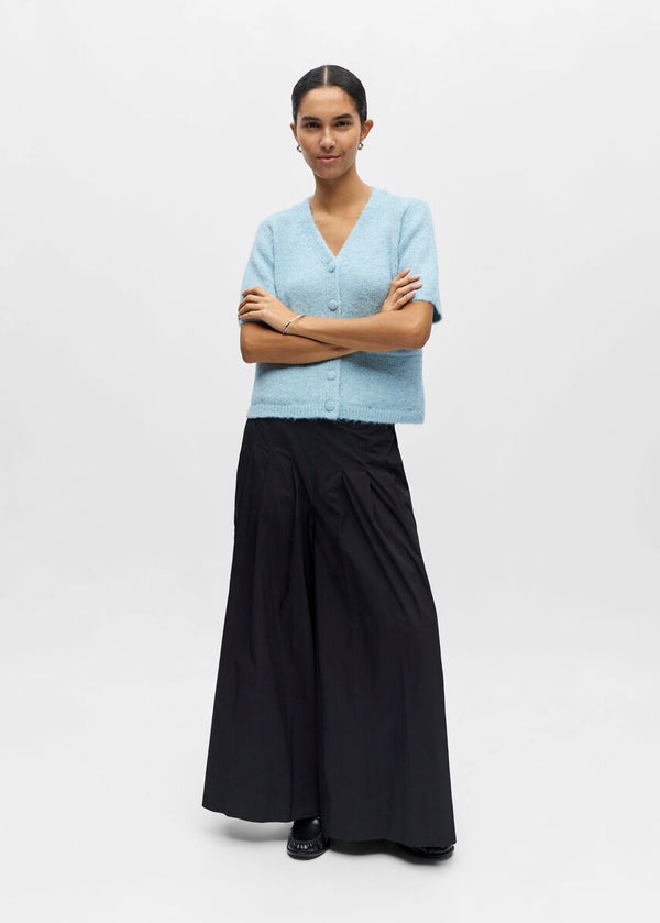 Woman wearing a light blue cardigan and black pants on a white background