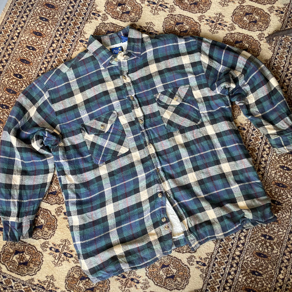 American Vintage Two Pocket Check Flannel Shirt in Blue Green