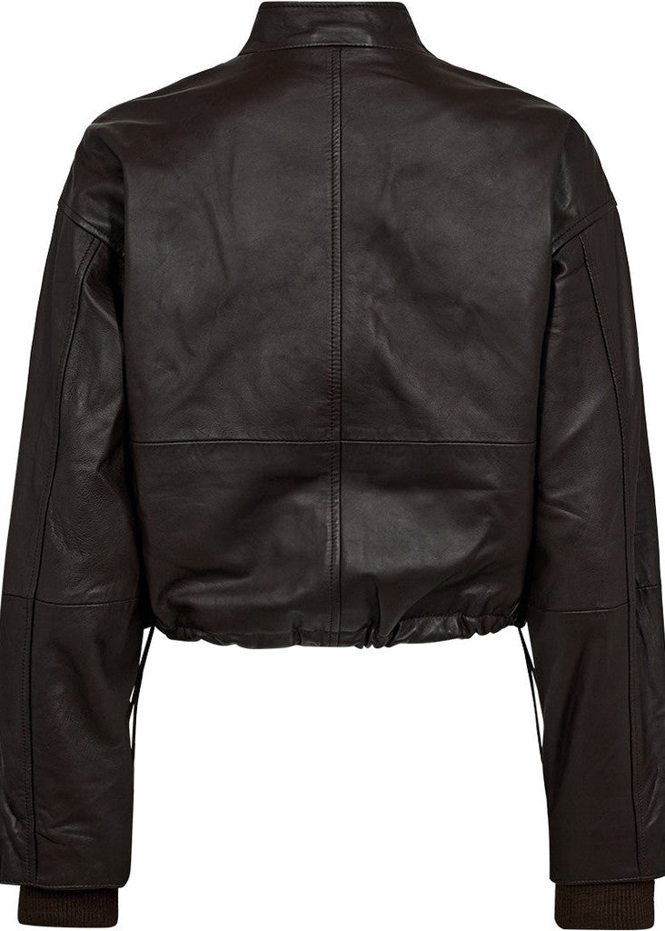 Black leather jacket shown from the back on a white background