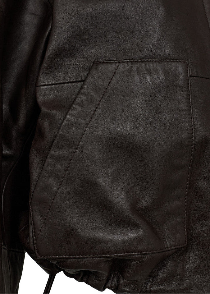 Close-up of a dark brown leather jacket with a pocket detail on a white background