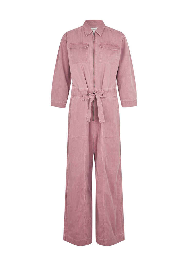 Pink jumpsuit with a belt on a white background