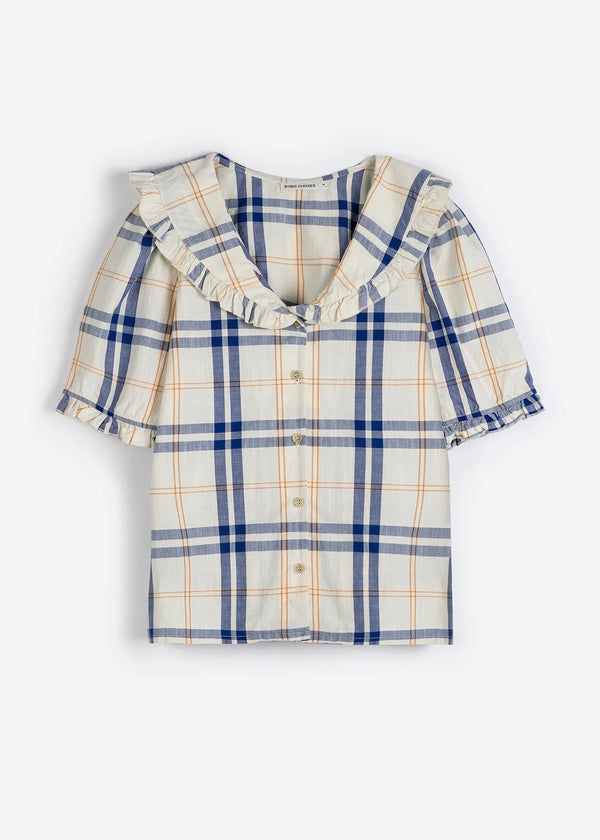 Plaid shirt with ruffled collar on a white background