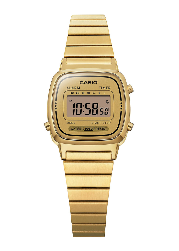Gold Casio digital watch on a white background
