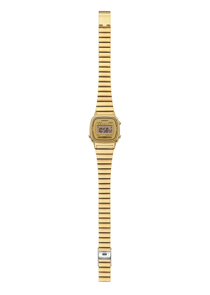 Gold digital watch with a striped band on a white background