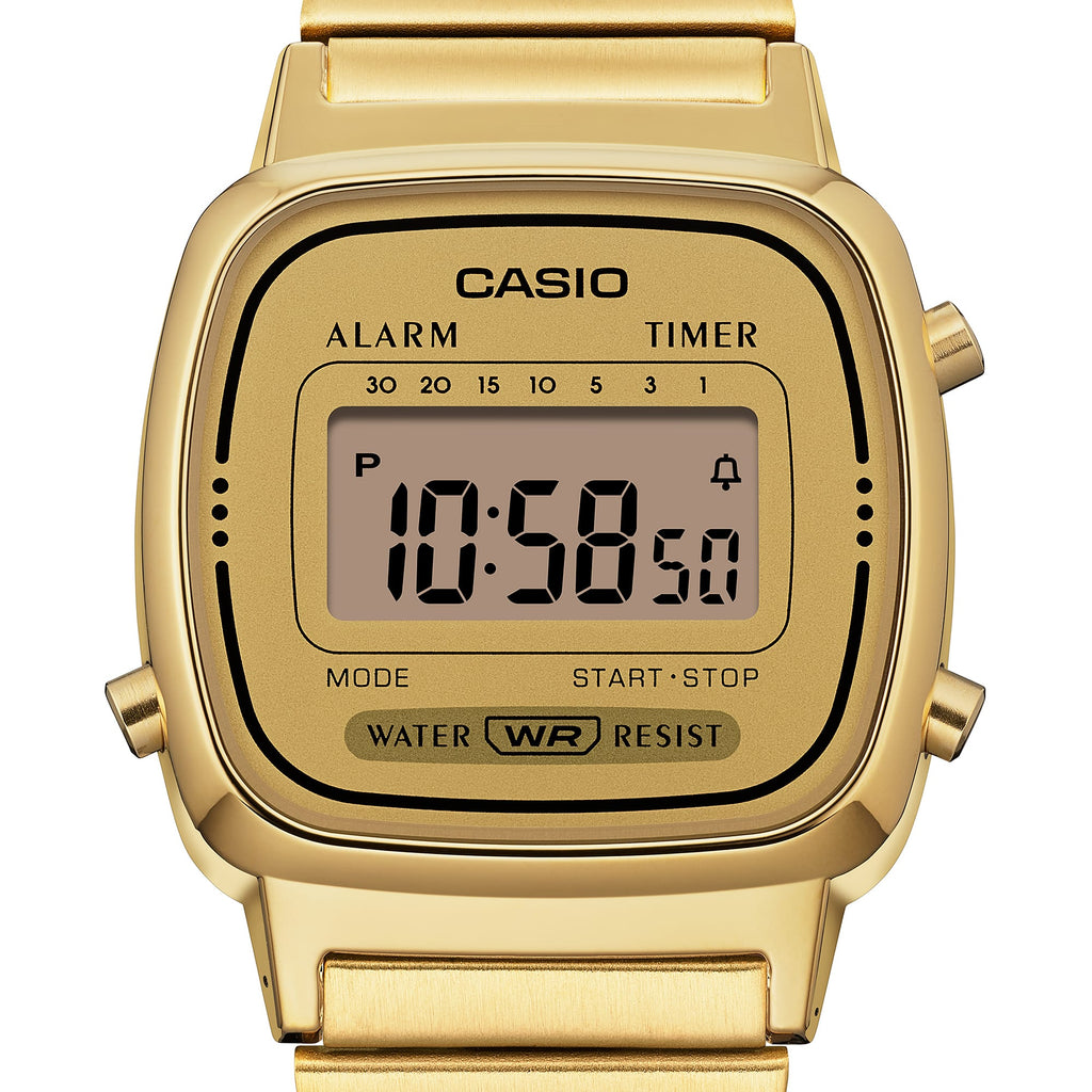 Gold Casio digital watch on a white background
