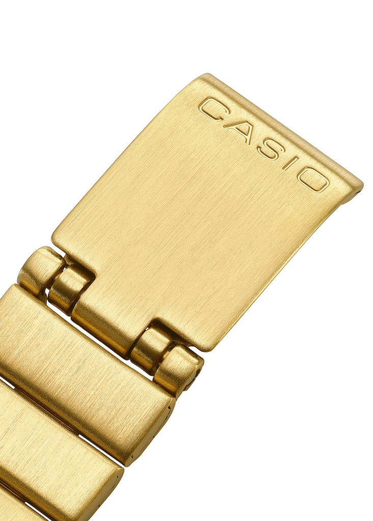 Gold watch buckle with Casio branding on a white background