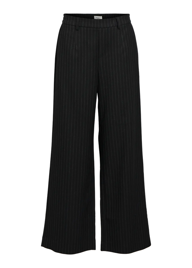 Black pinstripe pants on a white background