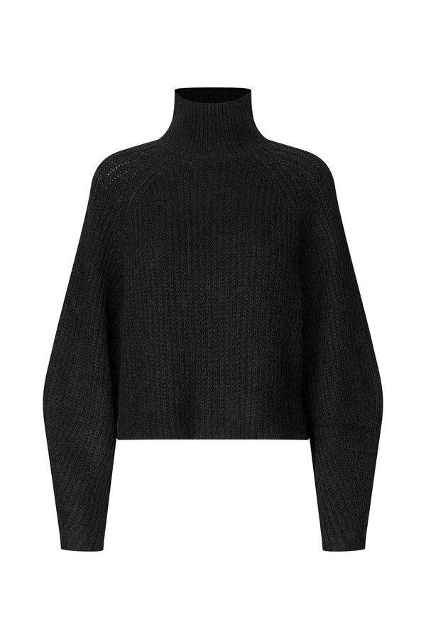 A black cropped turtleneck sweater with a textured knit pattern and long sleeves, shown against a plain white background.