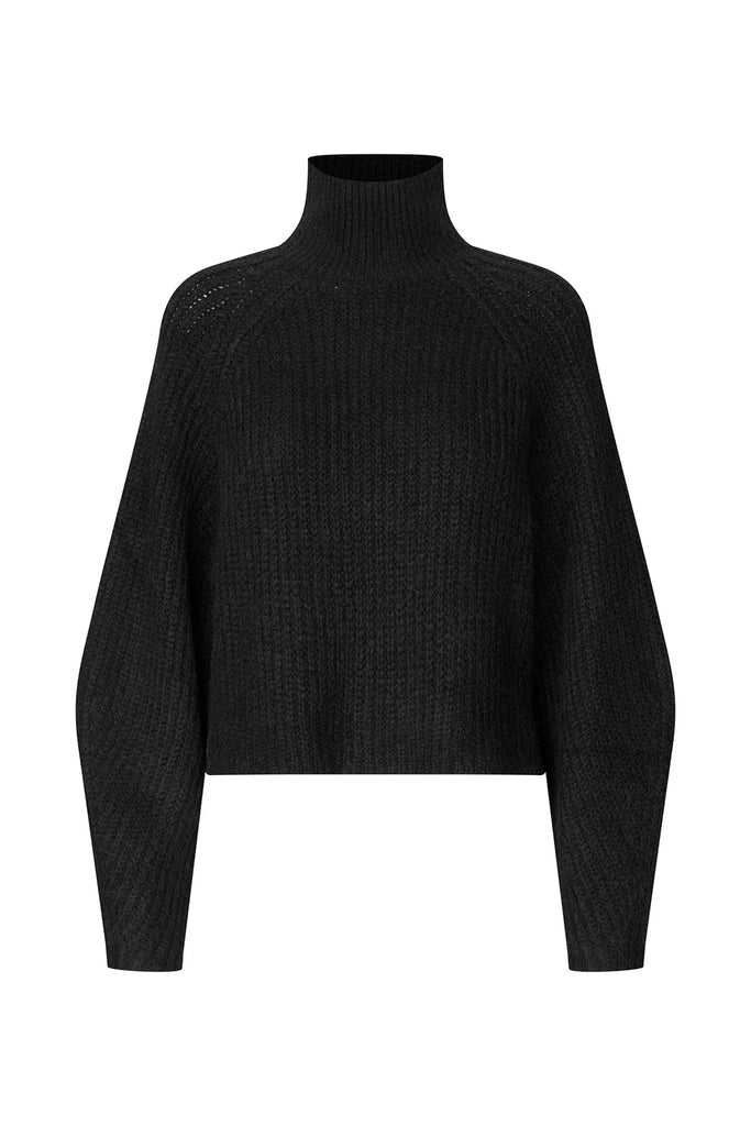 A black cropped turtleneck sweater with a textured knit pattern and long sleeves, shown against a plain white background.