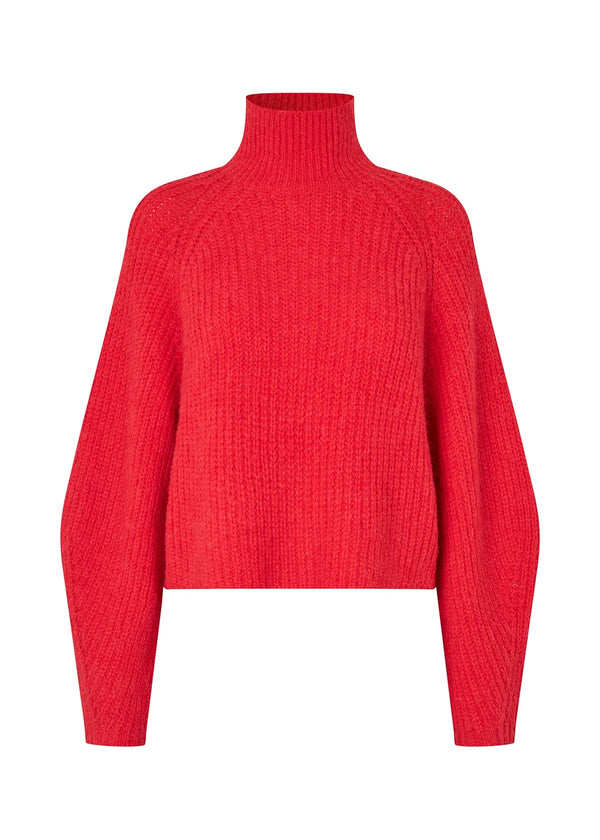 A bright red ribbed knit turtleneck sweater with long sleeves, displayed on a clean white background.