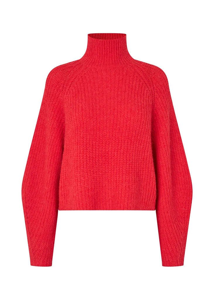 A bright red ribbed knit turtleneck sweater with long sleeves, displayed on a clean white background.