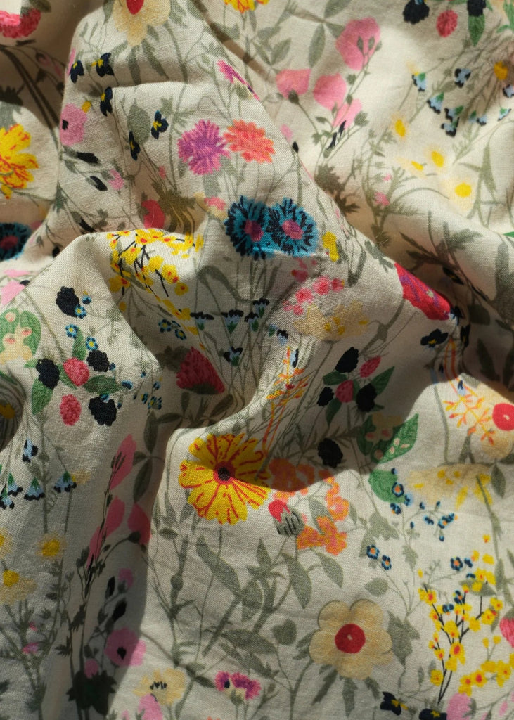 Close-up of floral-patterned fabric with colorful flowers on a light background