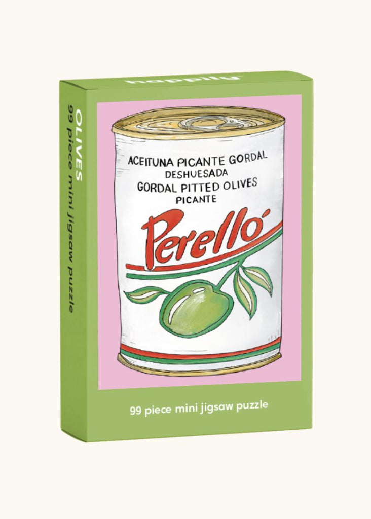 A 99-piece mini jigsaw puzzle box featuring an illustrated tin of Perello olives. The box is predominantly white with a green illustration of an olive and leaves on the front, and text indicating the product is made in Turkey with sustainable materials.