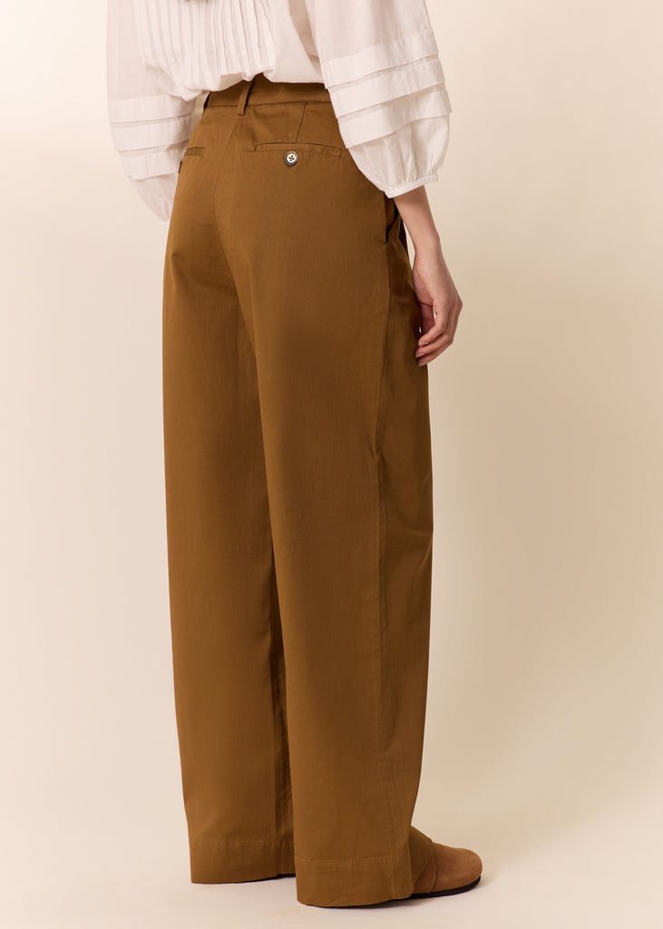 Person wearing brown wide-leg pants and a white blouse on a beige background