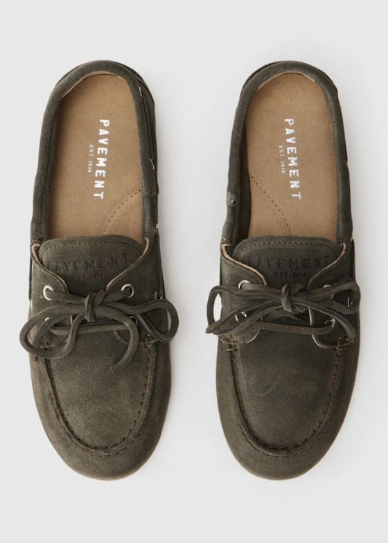 Pair of brown loafers with 'Pavement' branding on a white background