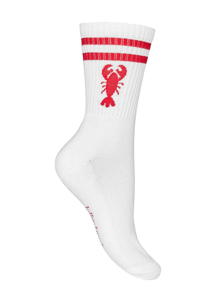 White sock with red lobster design and two stripes on a white background