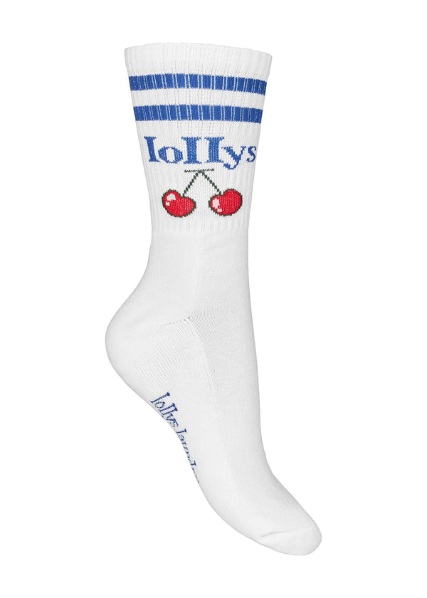 White sock with blue stripes and red cherries on a white background