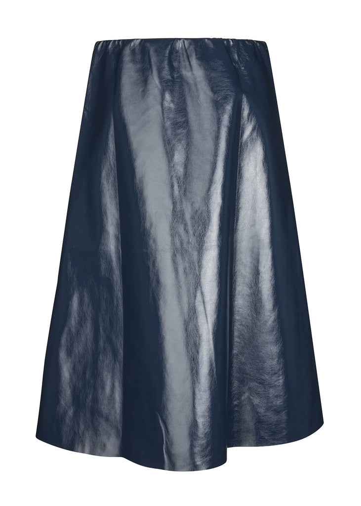 Navy blue leather skirt on a white background