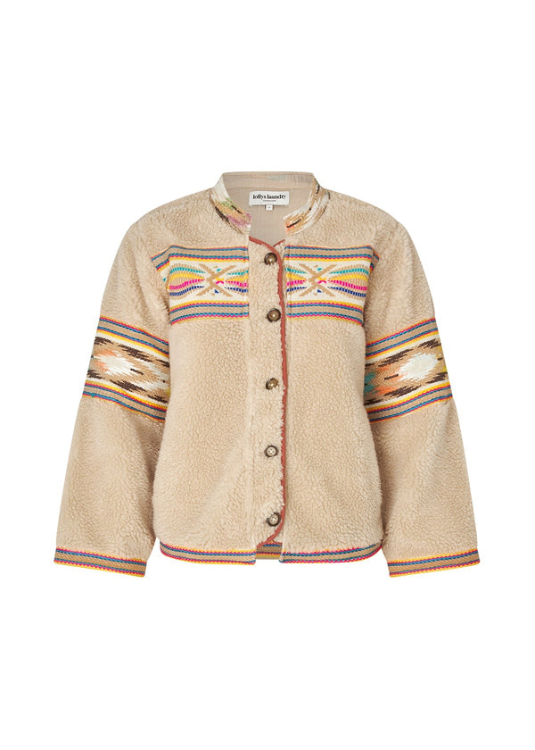 Beige cardigan with colorful patterned sleeves on a white background