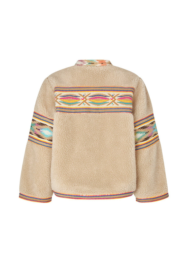 Beige sweater with colorful geometric patterns on a white background