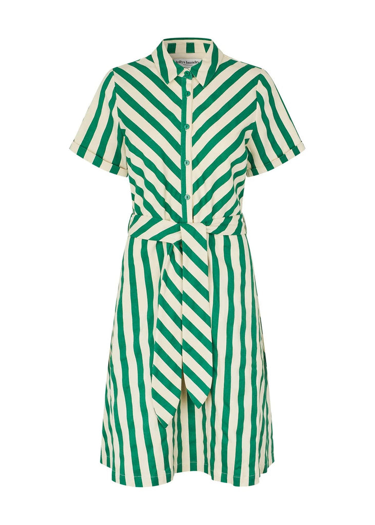 Green and white striped dress on a white background