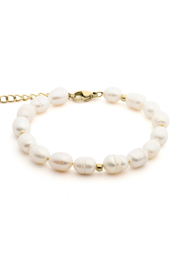 Pearl bracelet with gold clasp on a white background
