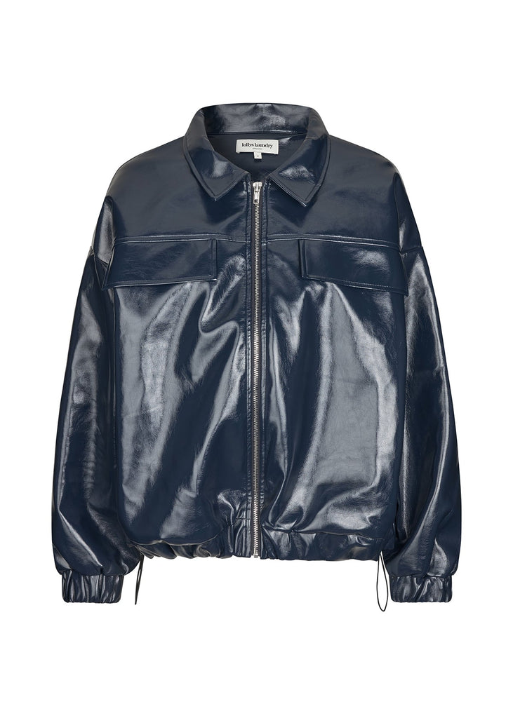 Navy blue leather jacket on a white background