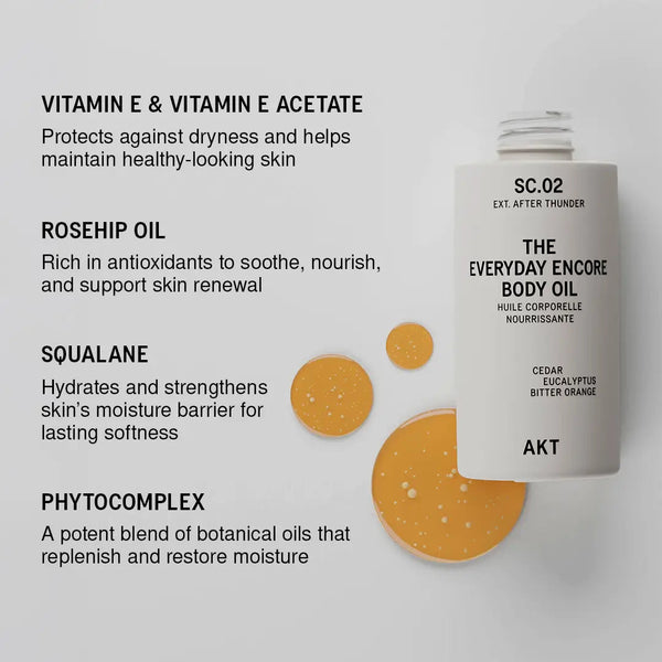 Body oil bottle with ingredients listed on a white background