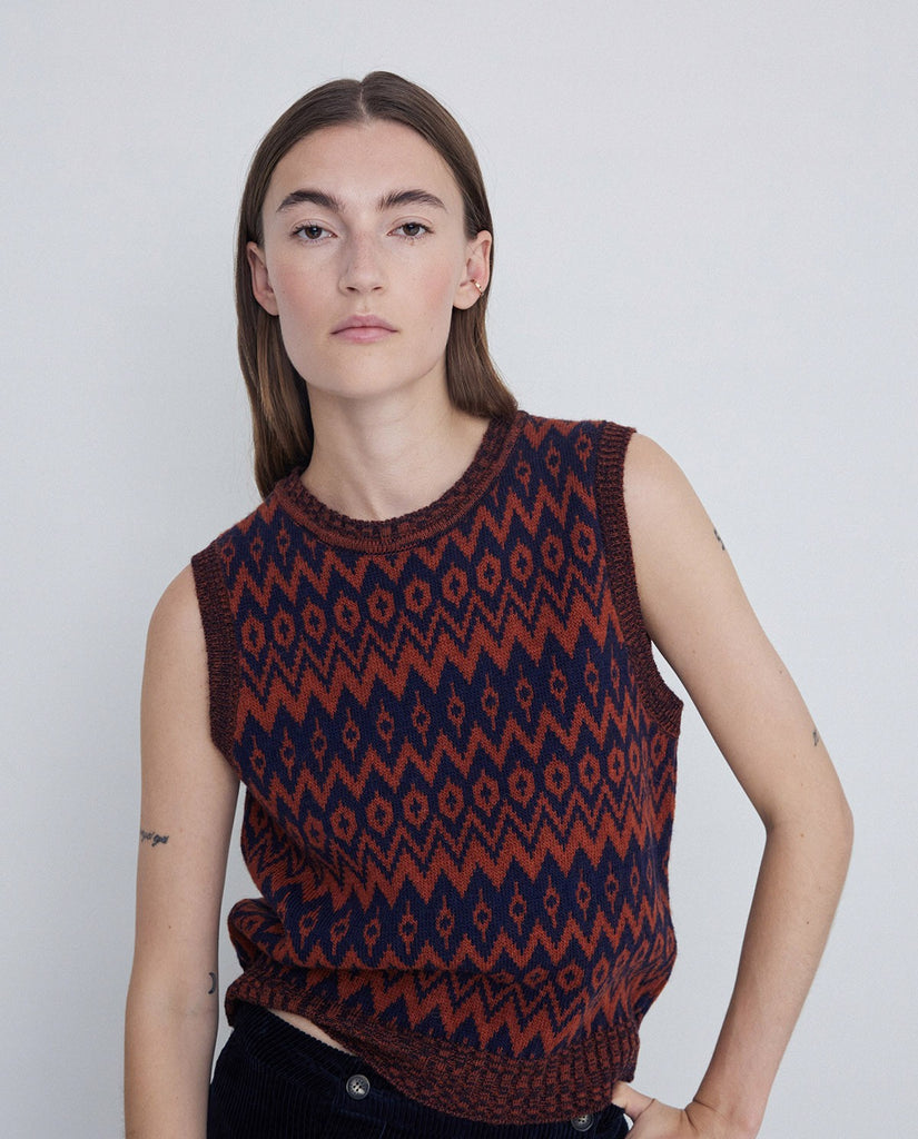 YERSE Jacquard Knit Wool Vest AZUL OSCURO