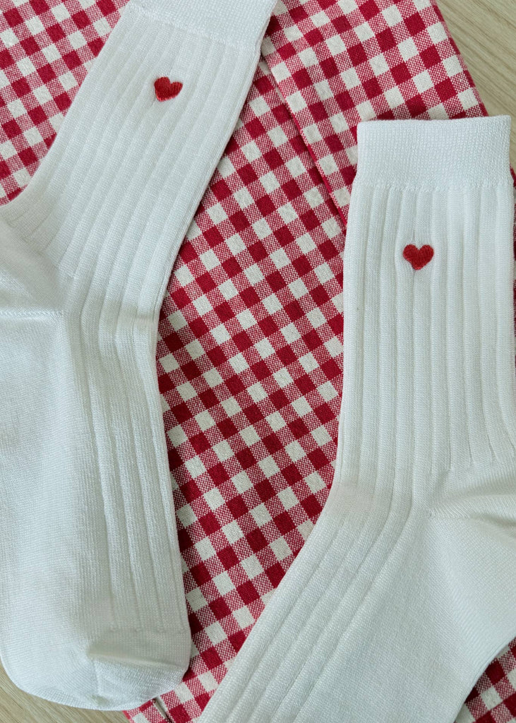 Embroidered Her Socks - Mercerized Combed Cotton Rib: Classic White + Heart