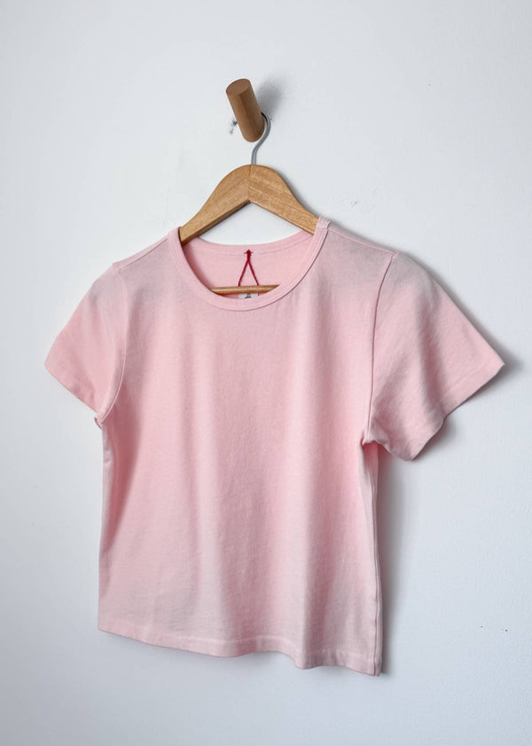 Pink t-shirt on a wooden hanger against a white background