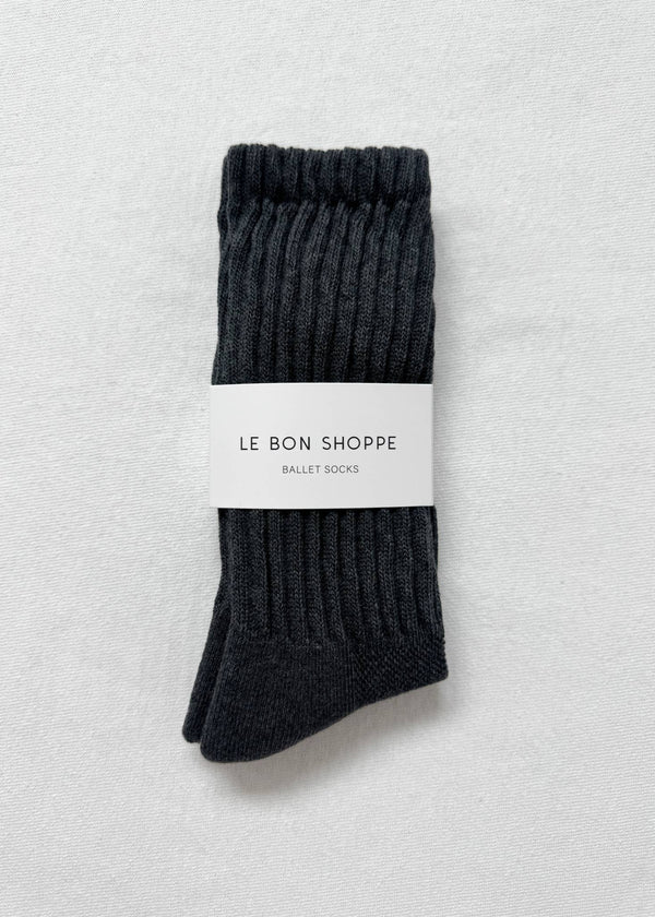 Pair of dark gray ballet socks with 'Le Bon Shoppe' label on a light gray background