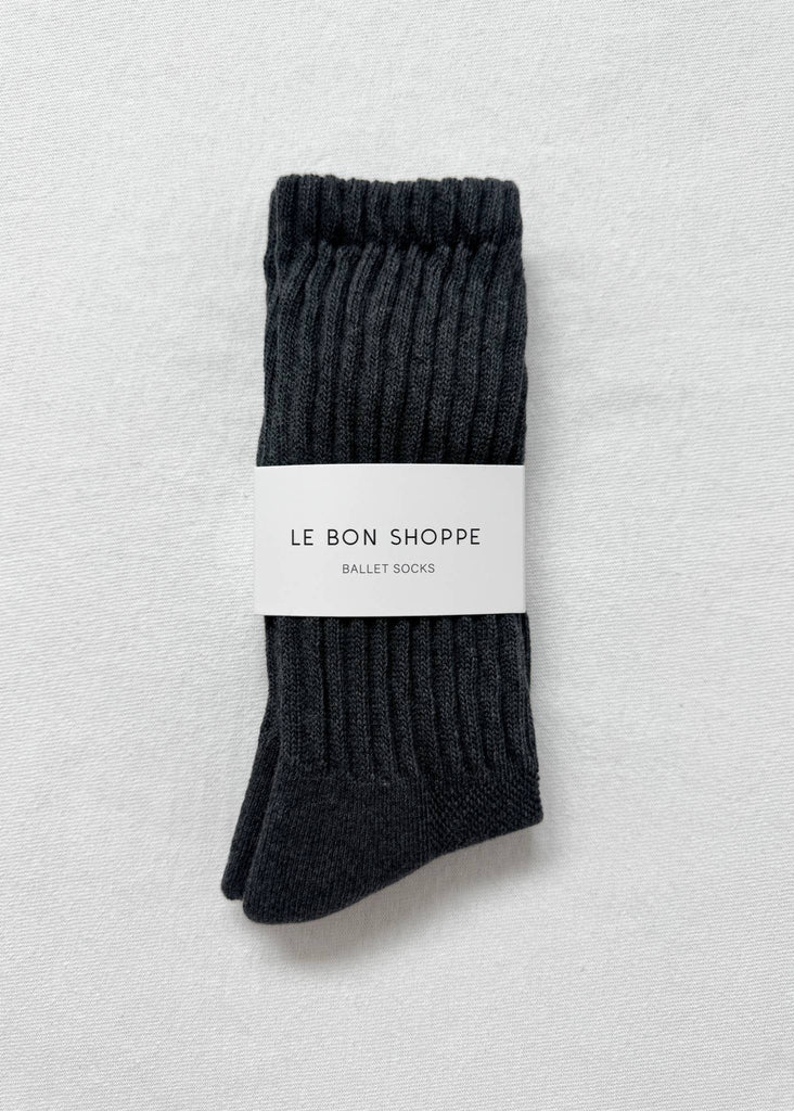 Pair of dark gray ballet socks with 'Le Bon Shoppe' label on a light gray background