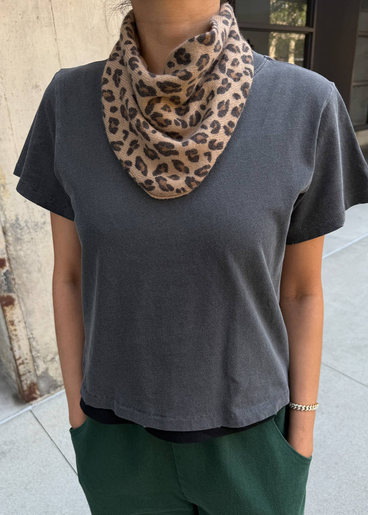 Person wearing a gray t-shirt and green pants with a leopard print scarf around their neck.