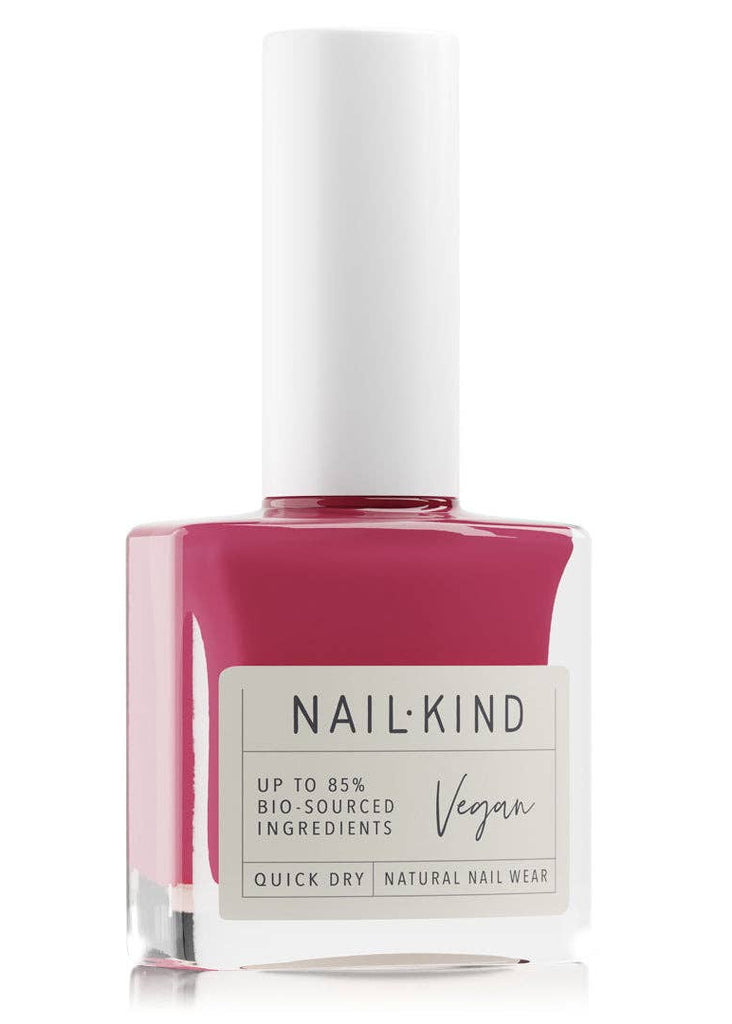 Pink nail polish bottle with a white cap on a white background