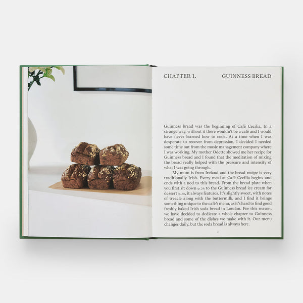 Book open to a page about Guinness bread with a photo of bread on a table.