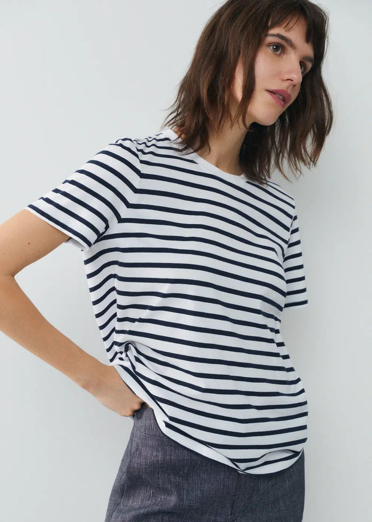 Ese O Ese Stripes Cotton T-Shirt in Navy and Ecru