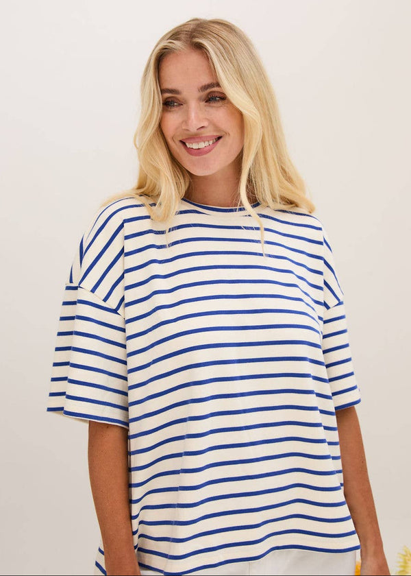 Sara Premium Cotton White & Blue Striped T-Shirt : White & Blue 