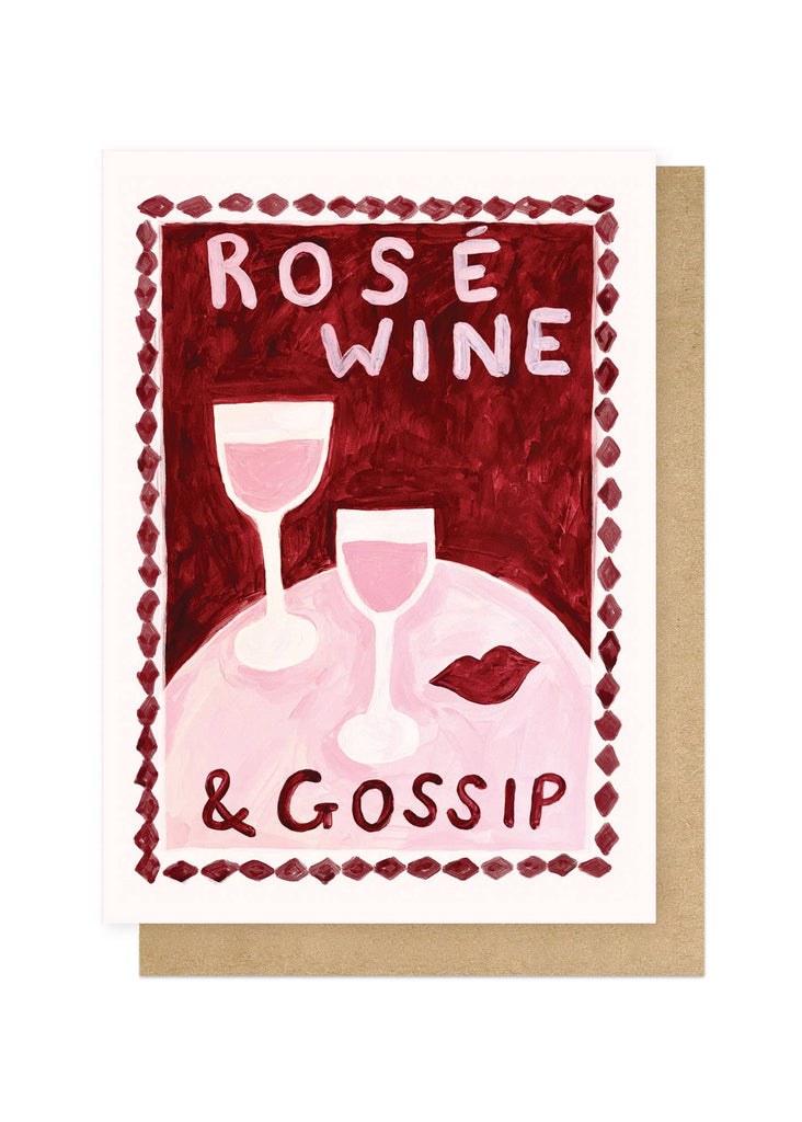 Card with illustration of a wine bottle and glasses, text 'Rosé Wine & Gossip', and decorative border on a white background.