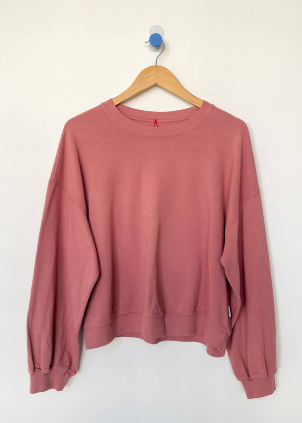 Pink sweatshirt on a wooden hanger against a white background