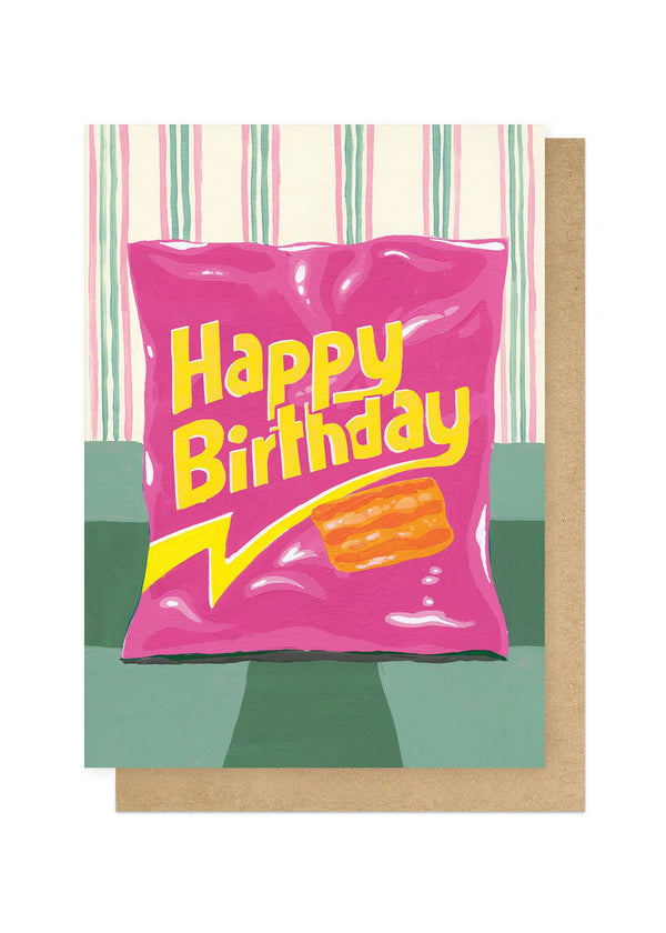 Greeting card with a pink packet design and 'Happy Birthday' text on a striped background