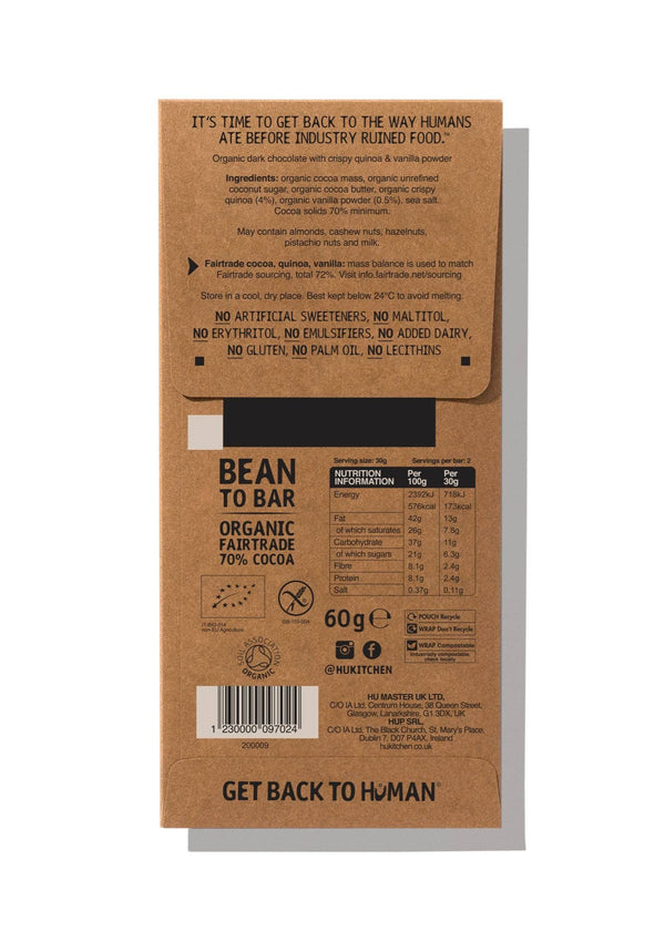 Back of a bean to bar chocolate packaging with text and branding.