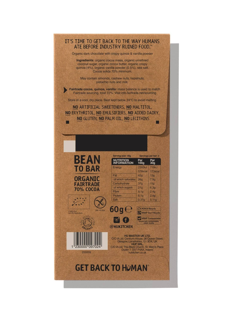 Back of a bean to bar chocolate packaging with text and branding.